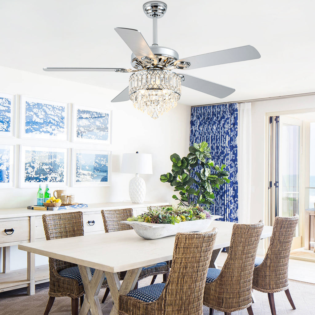 52 Inch Modern Luxury Crystal Ceiling Fan with Light and Remote Control, 6 Speeds DC Motor Chandelier Ceiling Fan for Living Room