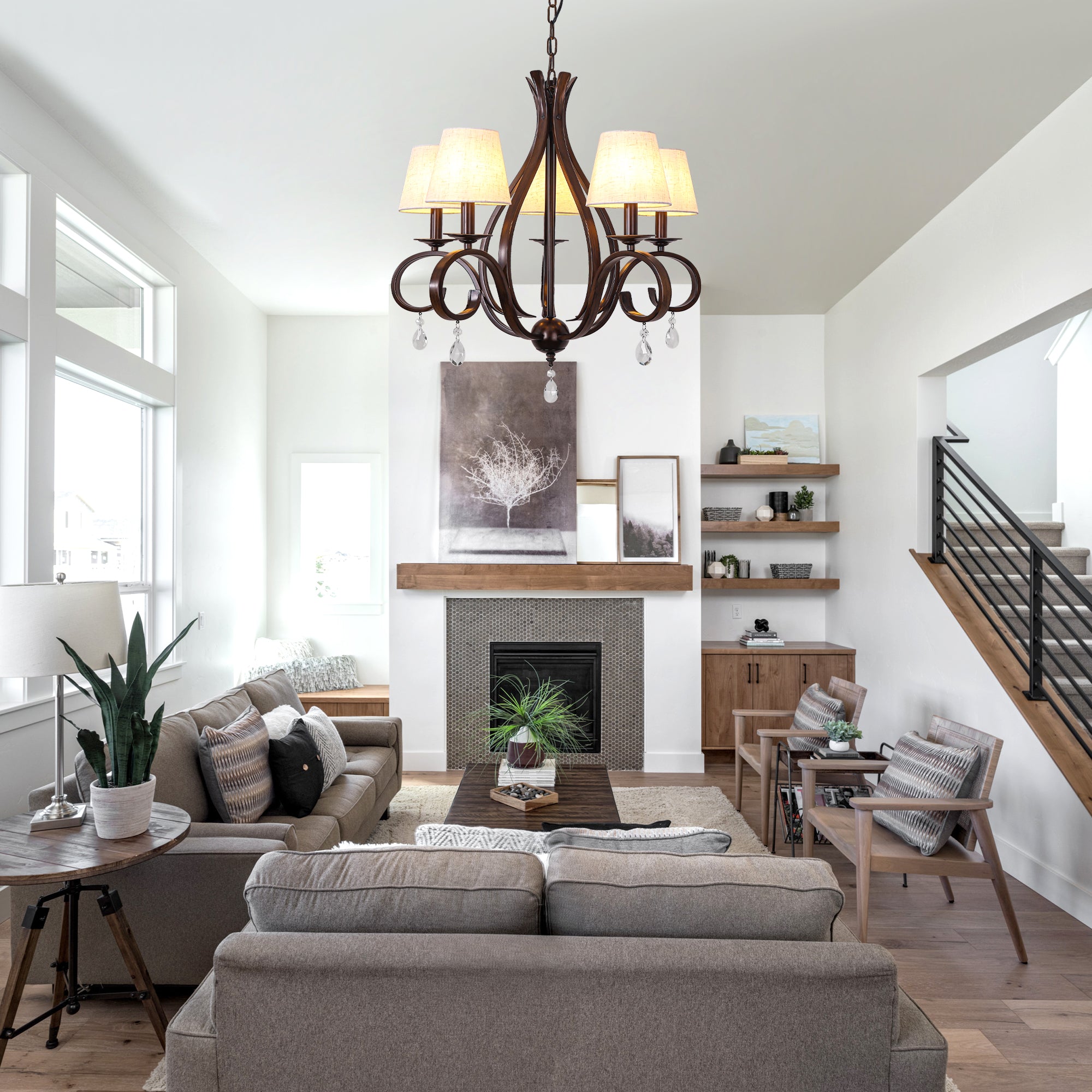 5 - Light Aged Brass Traditional Chandelier, Rustic Bronze Farmhouse Chandelier with Fabric Shades Candle Style Classic Chandelier for Living Room