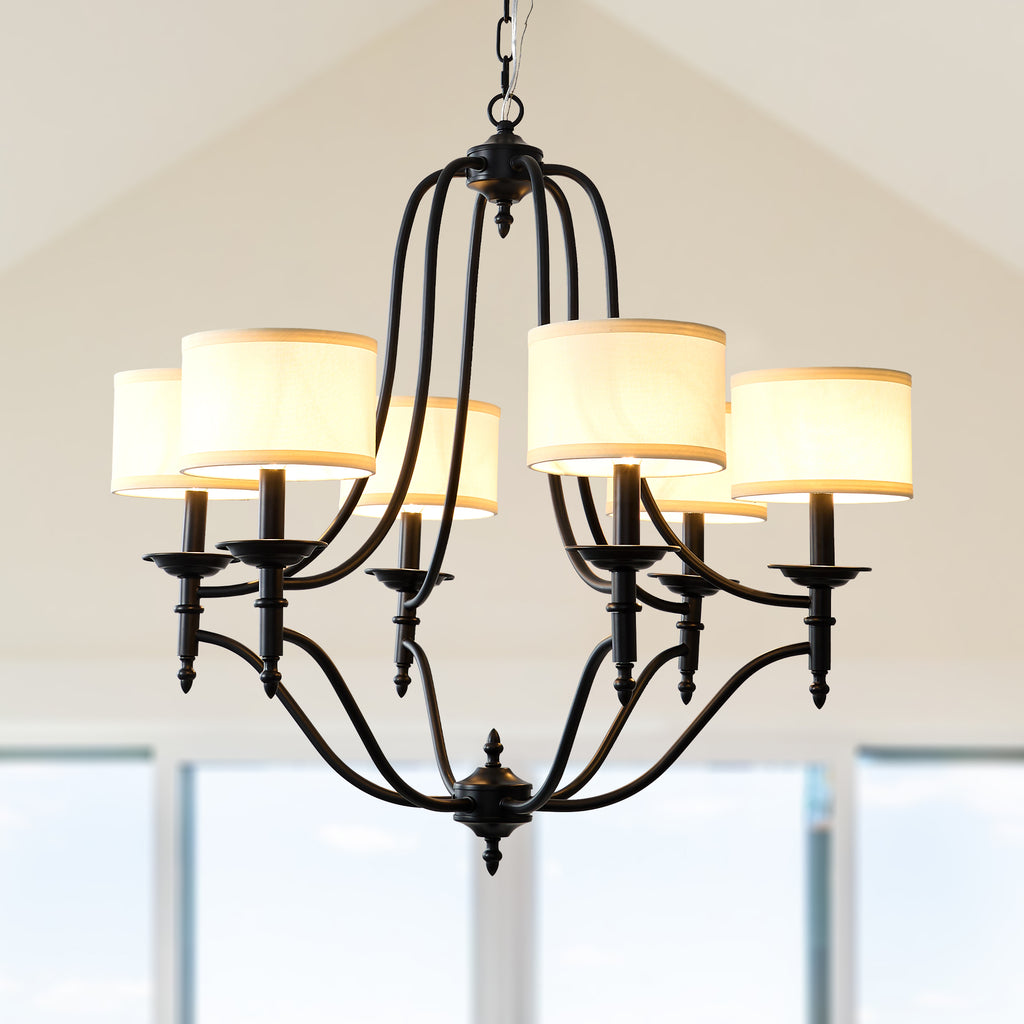 6 - Light Traditional Farmhouse Chandelier with Fabric Shades, 30 Inch Black Chandelier, Adjustable Classic Dining Room Light Fixture for Living Room