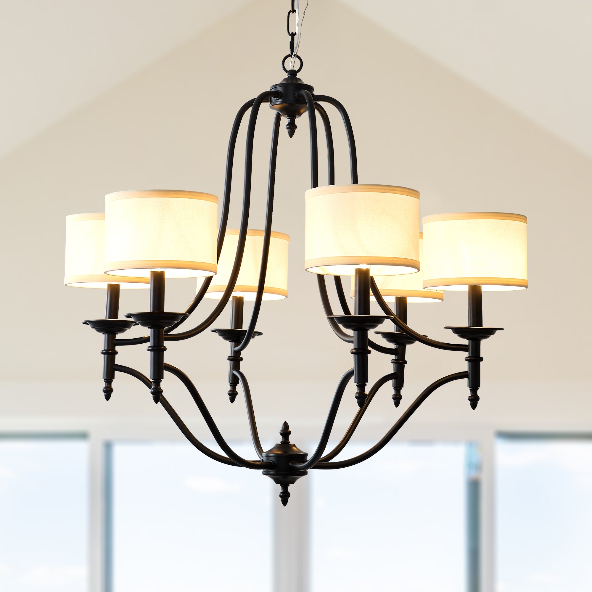 6 - Light Traditional Farmhouse Chandelier with Fabric Shades, 30 Inch Black Chandelier, Adjustable Classic Dining Room Light Fixture for Living Room
