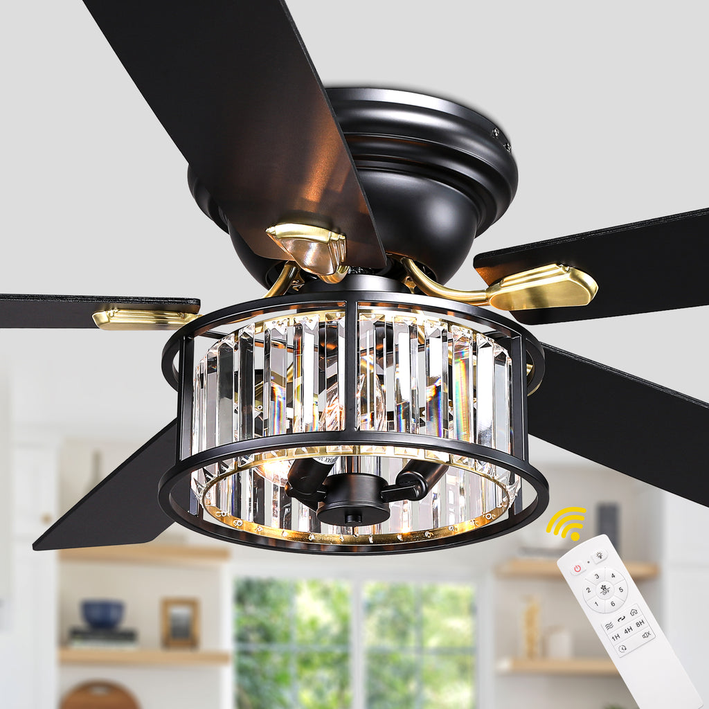 52 Inch Modern Glam Crystal Flush Mount Ceiling Fan with Lights and Remote, 6 Speeds DC Motor Reversible Low Profile Ceiling Fan