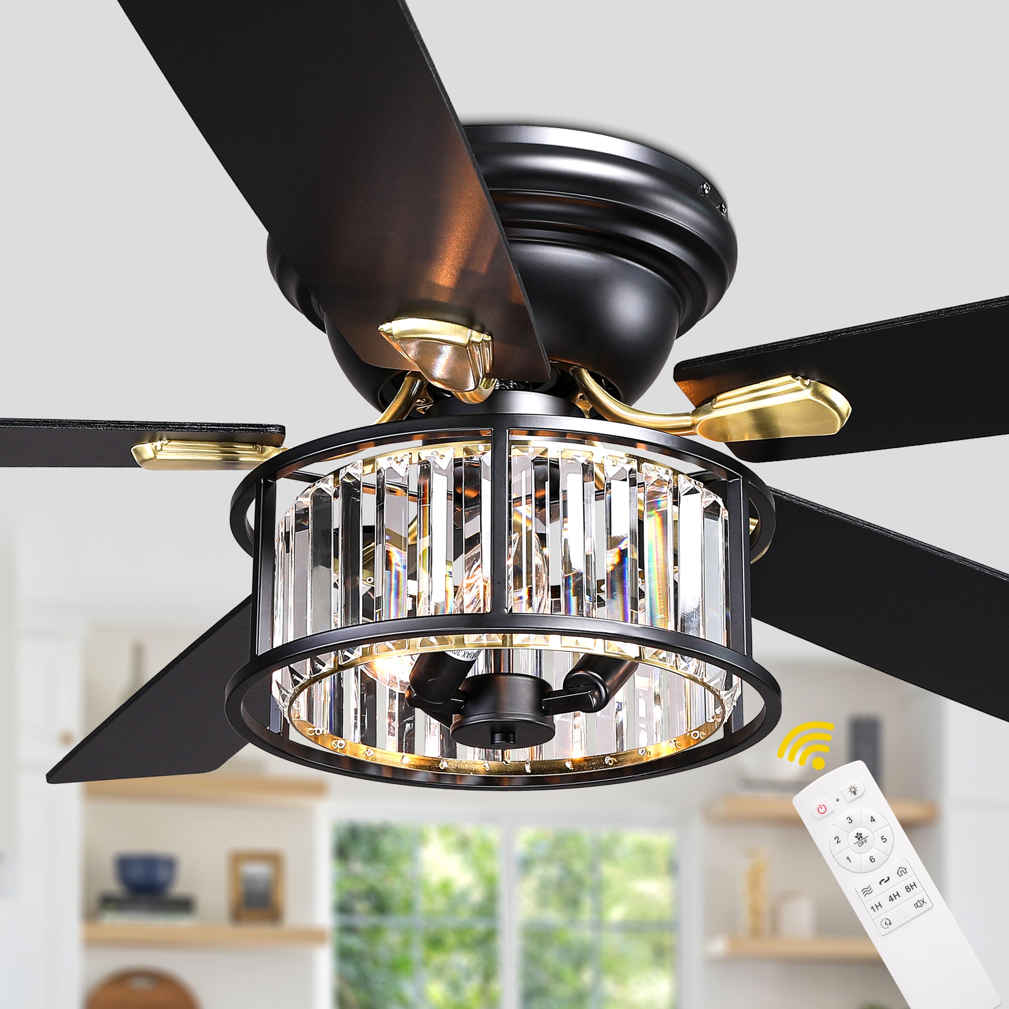 52 Inch Modern Glam Crystal Flush Mount Ceiling Fan with Lights and Remote, 6 Speeds DC Motor Reversible Low Profile Ceiling Fan