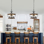 3 - Lights Farmhouse Drum Chandelier, 13" Wooden Chandelier for Dining Room with Height Adjustable