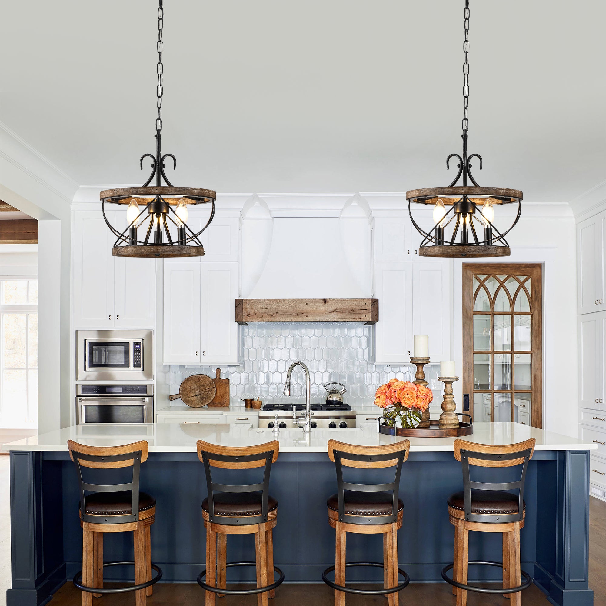 3 - Lights Farmhouse Drum Chandelier, 13" Wooden Chandelier for Dining Room with Height Adjustable