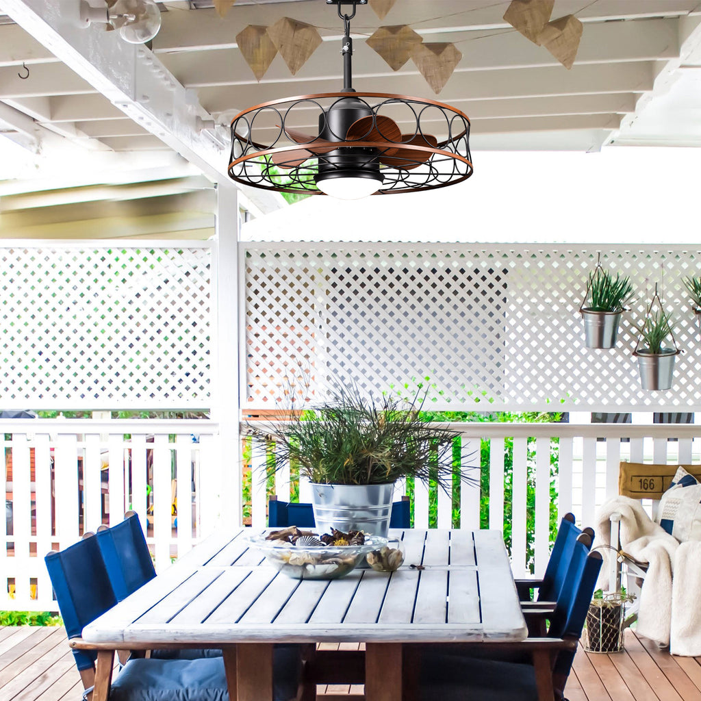 24 Inch Industrial Farmhouse Outdoor Caged Ceiling Fan with LED Lights and Remote, 6 Speed DC Motor Patio Ceiling Fan Waterproof