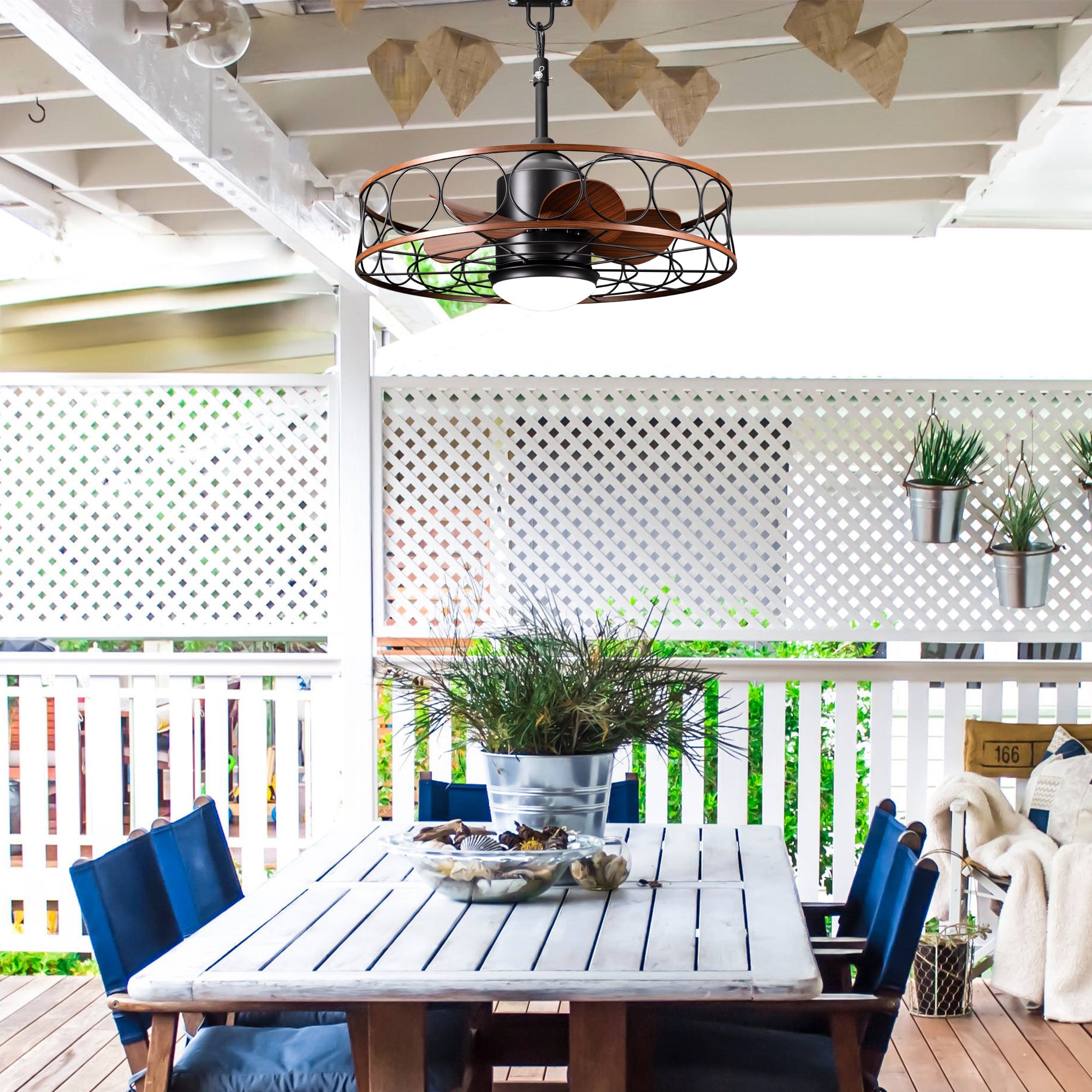 HW2309-BellaDepot 23.6" Industrial Outdoor Caged Ceiling Fan with Remote and LED Lights, DC Motor 6 Speeds Ceiling Fan