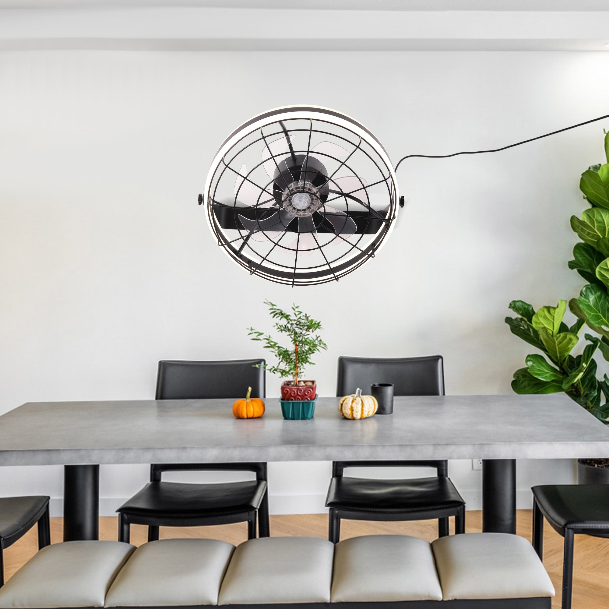 23 Inch Black Modern Wall Mounted Caged Ceiling Fan with Dimmable LED Lights and Remote, 6 Speeds Plug In Bladeless Ceiling Fan