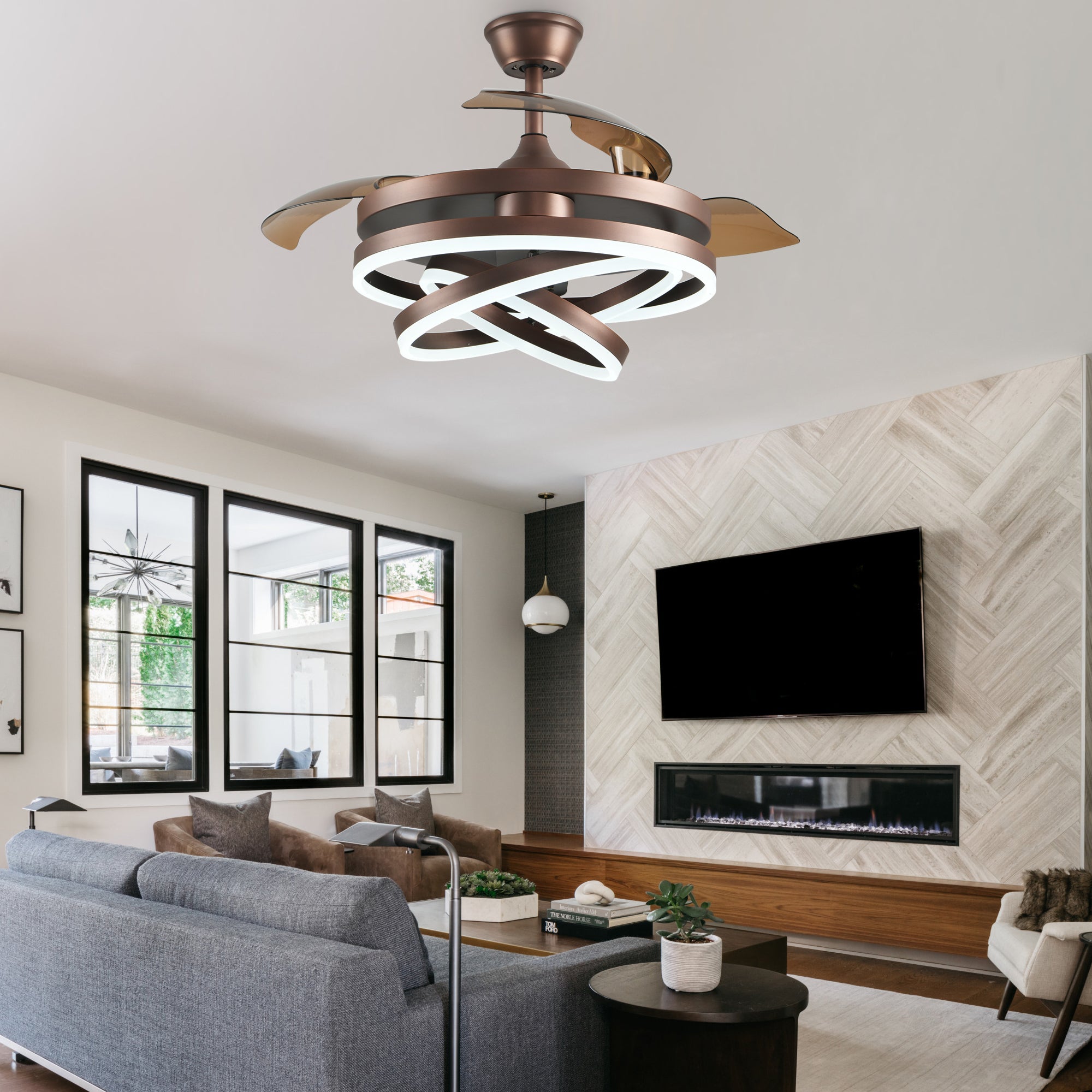 42 Inch Modern Smart Retractable Ceiling Fan with LED Light and Remote, 6 Speeds DC Motor Bladeless Ceiling Fan with DIY Shade