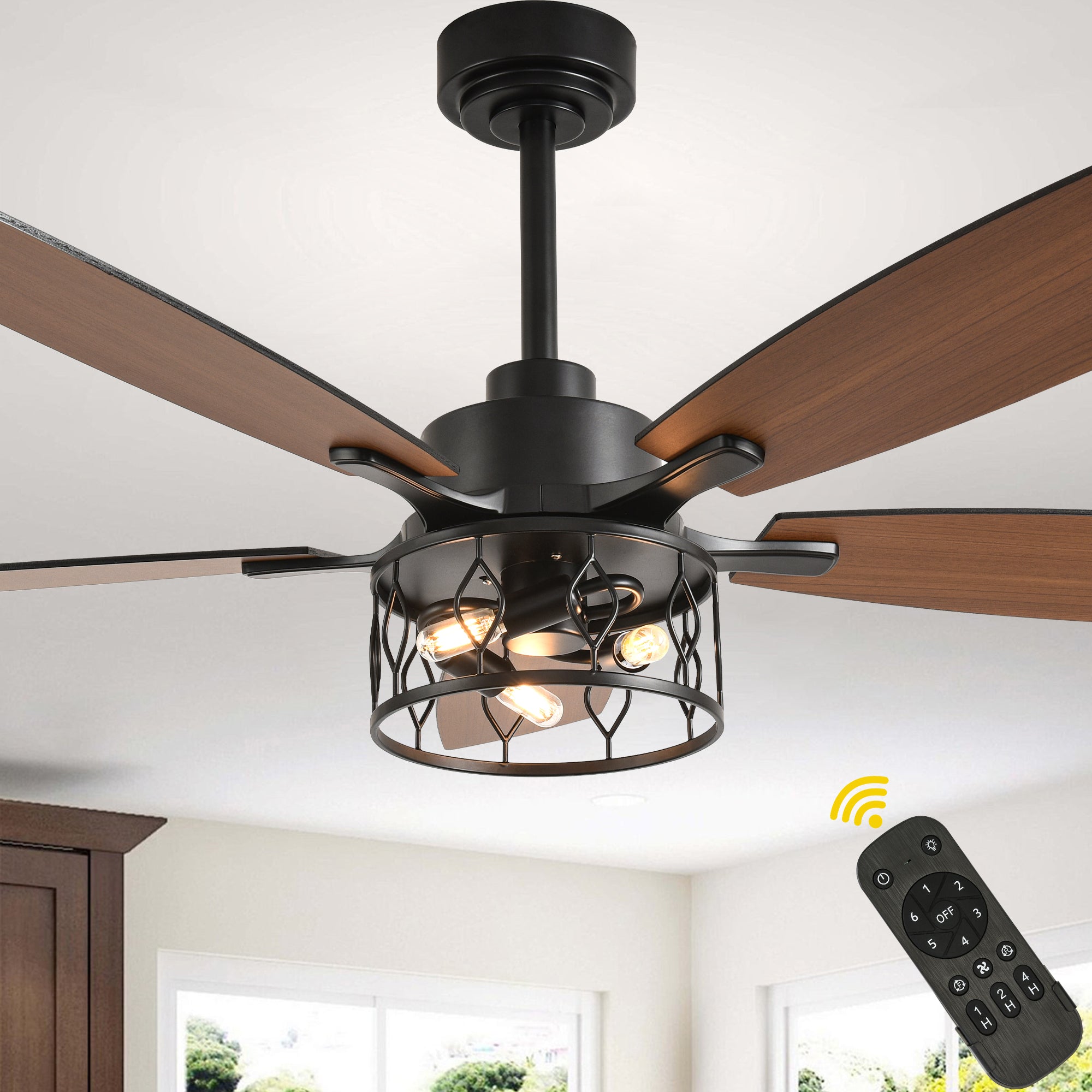 52 Inch Black Modern Ceiling Fan with Lights and Remote Control, 6 Speeds DC Motor Reversible Ceiling Fan for Living Room