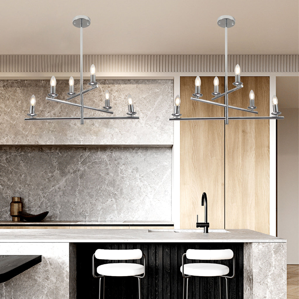 6 Lights Black/Chrome Finish Linear Industrial Chandelier, DIY Shape Linear Chandelier Dining Room Pendant Light