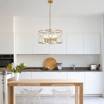 FC4089-Golden Modern Urban Linear Metal Caged Chandelier, Geometric Pendant Light, with Light Kit and Adjustable Chain