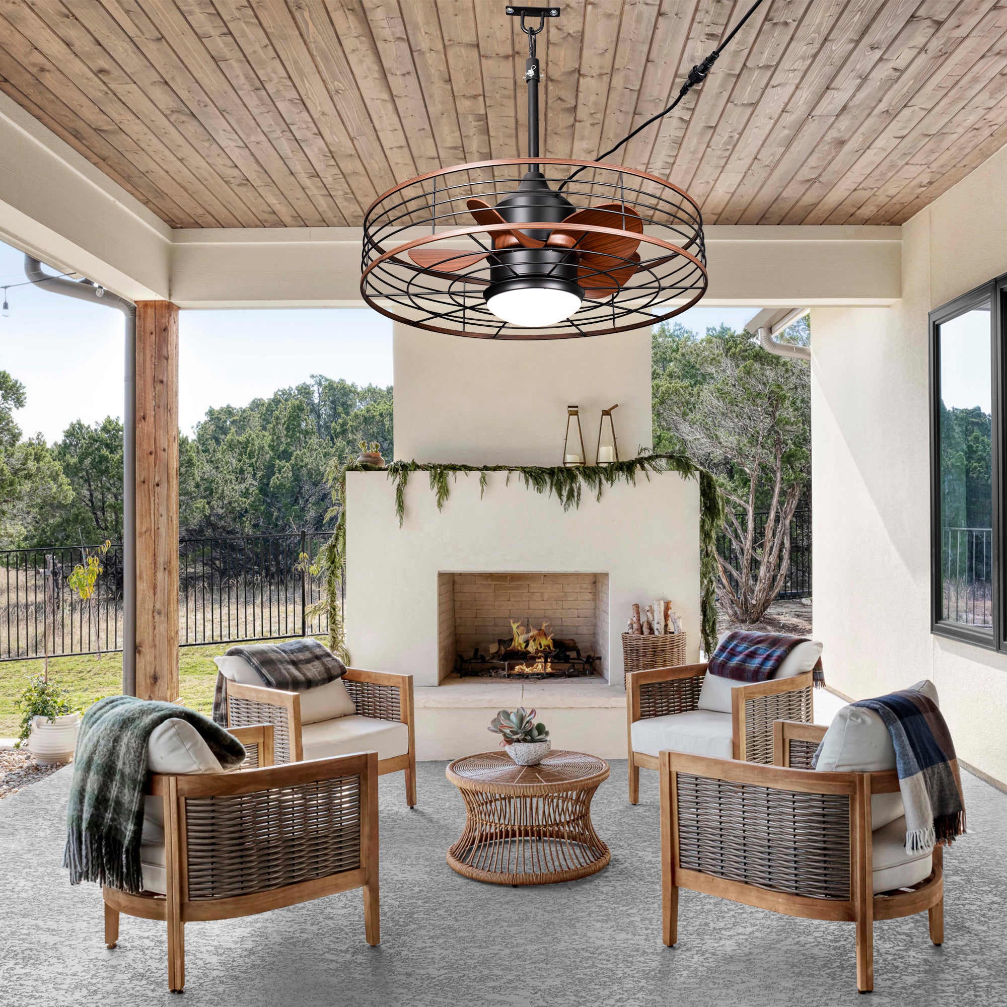 23.6 Inch Black Outdoor Dimmable Ceiling Fan with LED Light and Remote, Farmhouse Reversible 6 Speeds Quiet DC Motor Caged Ceiling Fan for Patio