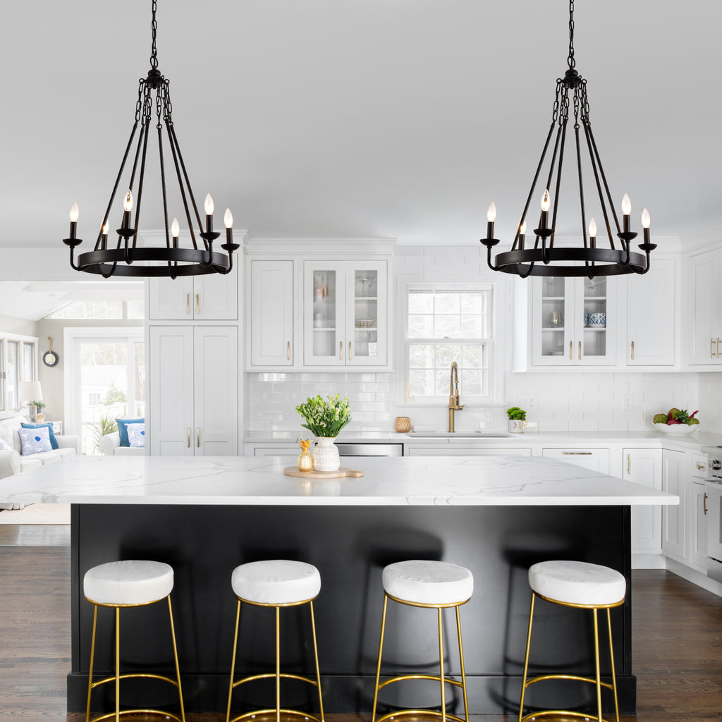 6 - Light Farmhouse Industrial Wagon Wheel Candle Chandelier, 25 Inch Round Matte Black Chandelier with Adjustable Chain, Rustic Candle-Style Pendant Light for Dining Room