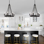 6 - Light Farmhouse Industrial Wagon Wheel Candle Chandelier, 25 Inch Round Matte Black Chandelier with Adjustable Chain, Rustic Candle-Style Pendant Light for Dining Room