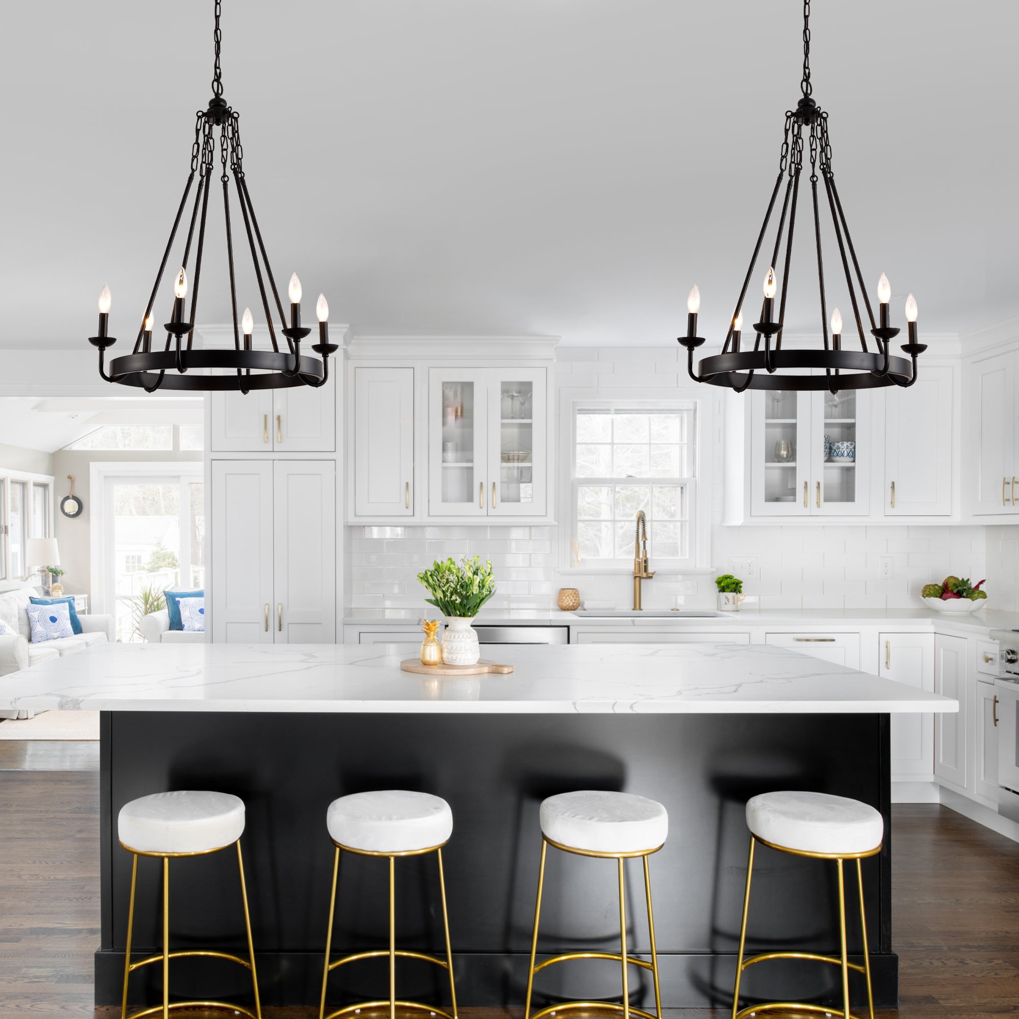 6 - Light Farmhouse Industrial Wagon Wheel Candle Chandelier, 25 Inch Round Matte Black Chandelier with Adjustable Chain, Rustic Candle-Style Pendant Light for Dining Room