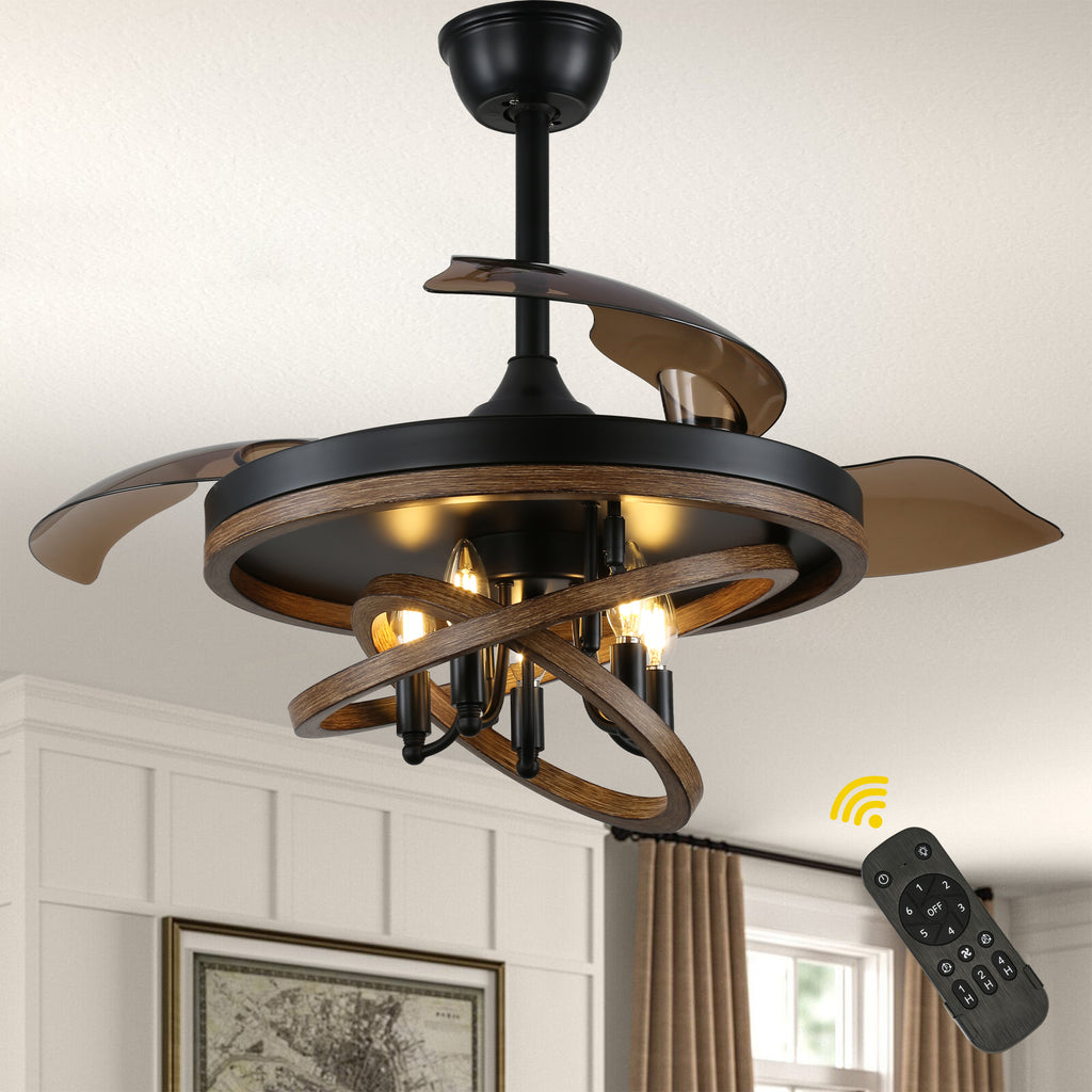 42 Inch Black Farmhouse Retractable Ceiling Fan with Lights and Remote Control, 6 Speeds Reversible Fandelier Ceiling Fan with DIY Shade
