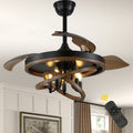 42 Inch Black Farmhouse Retractable Ceiling Fan with Lights and Remote Control, 6 Speeds Reversible Fandelier Ceiling Fan with DIY Shade
