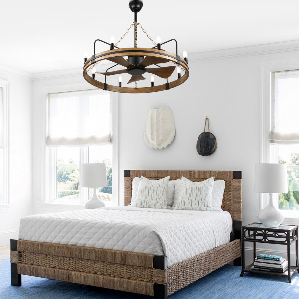 36 Inch Farmhouse Wagon Wheel Ceiling Fan with Lights and Remote Control, 6 Speeds DC Motor Bladeless Fandelier Ceiling Fan