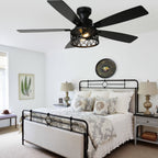 52 Inch Industrial Flush Mount Ceiling Fan with Lights and Remote Control, 6 Speeds Reversible Caged Ceiling Fan for Low Profile