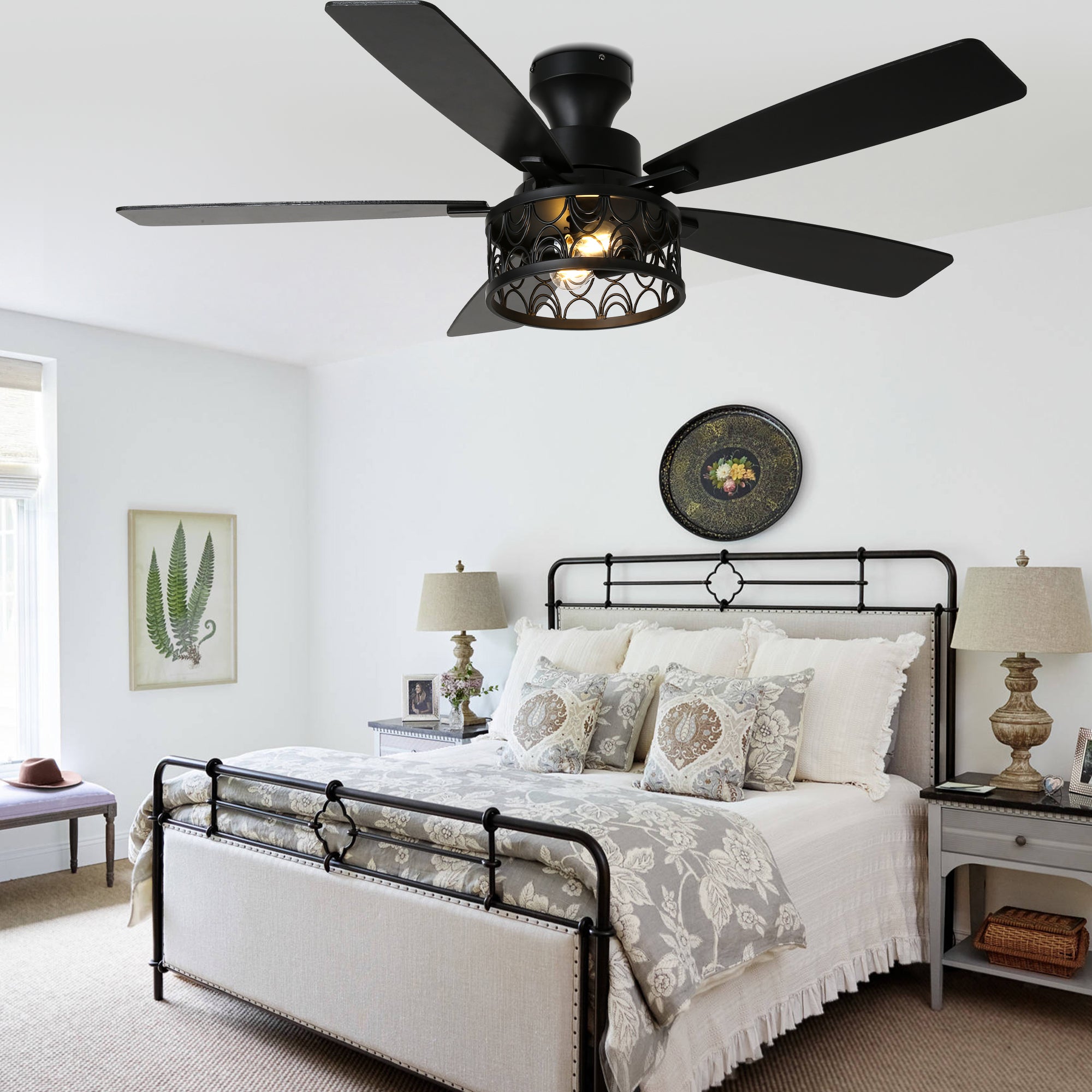 52 Inch Industrial Flush Mount Ceiling Fan with Lights and Remote Control, 6 Speeds Reversible Caged Ceiling Fan for Low Profile