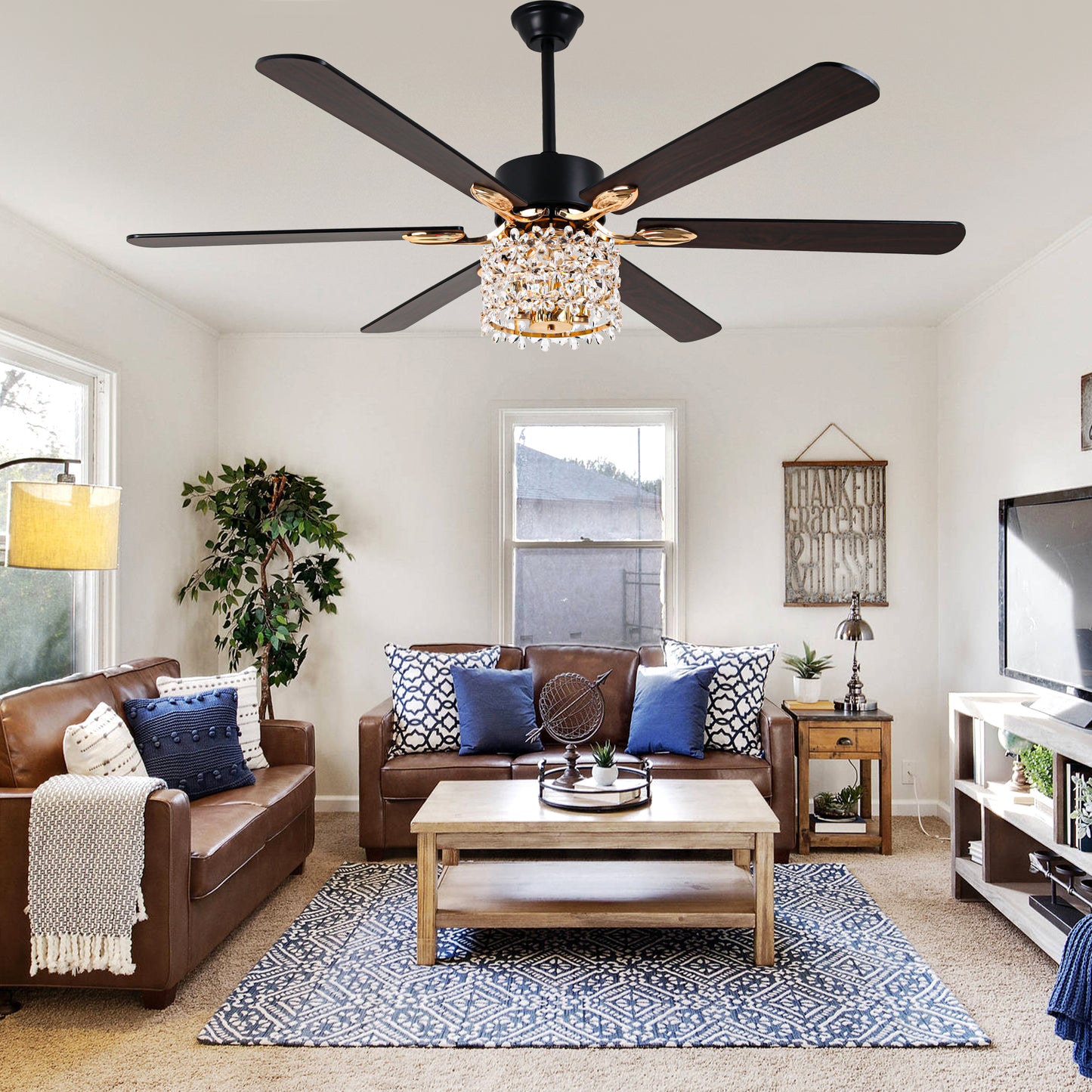 BellaDepot 65" Luxury Crystal Shape Flower Caged Ceiling Fan with Remote Control and 3 Lights, Black or Silver Silent Straight Leaf Fan for All Seasons - DC6510-B/C