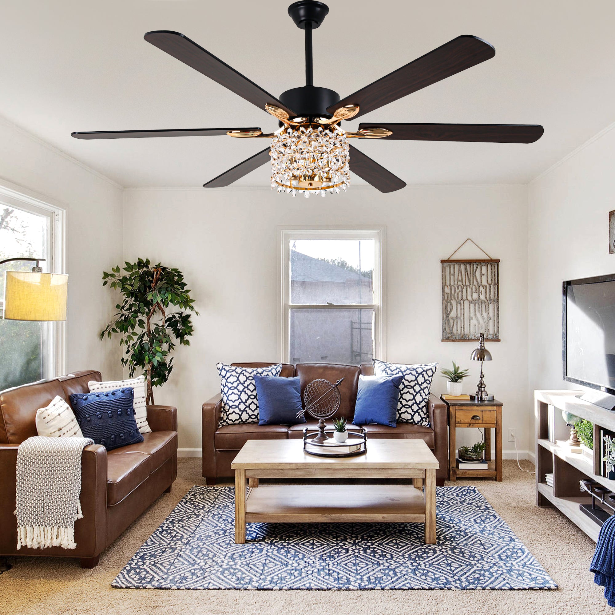 DC6510-B/C-BellaDepot 65" Huge Luxury Crystal Flower Caged Ceiling Fan with Remote Control, Black or Silver Silent Fan with Lights for All Seasons