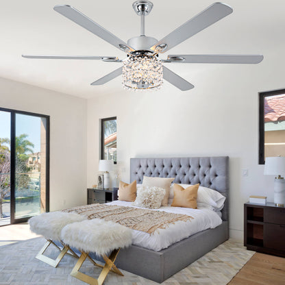 BellaDepot 65" Luxury Crystal Shape Flower Caged Ceiling Fan with Remote Control and 3 Lights, Black or Silver Silent Straight Leaf Fan for All Seasons - DC6510-B/C