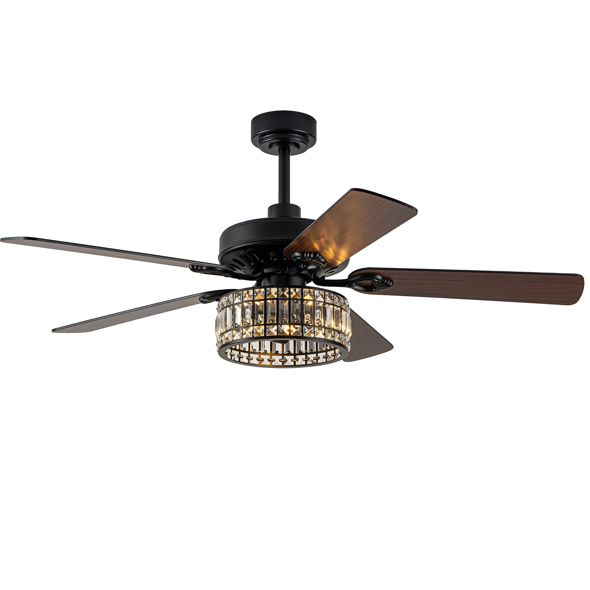 52 Black Crystal Ceiling Fan with Lights & Remote, 6-Speed Reversible Caged Chandelier for Large Room