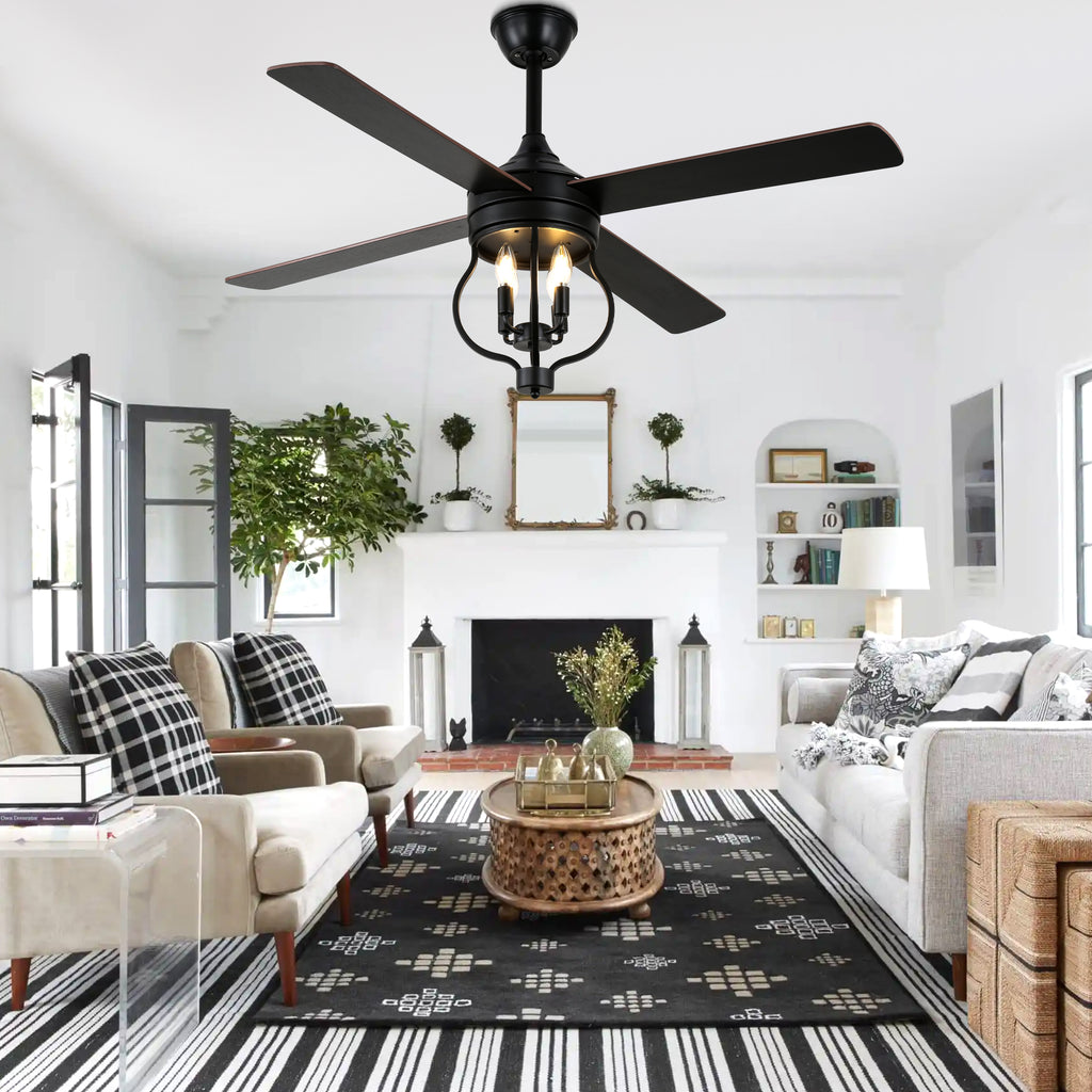 48 Inch Black Classic Ceiling Fan with Lights and Remote Control, 6 Speeds 4-Blade DC Motor Reversible Ceiling Fan for Living Room