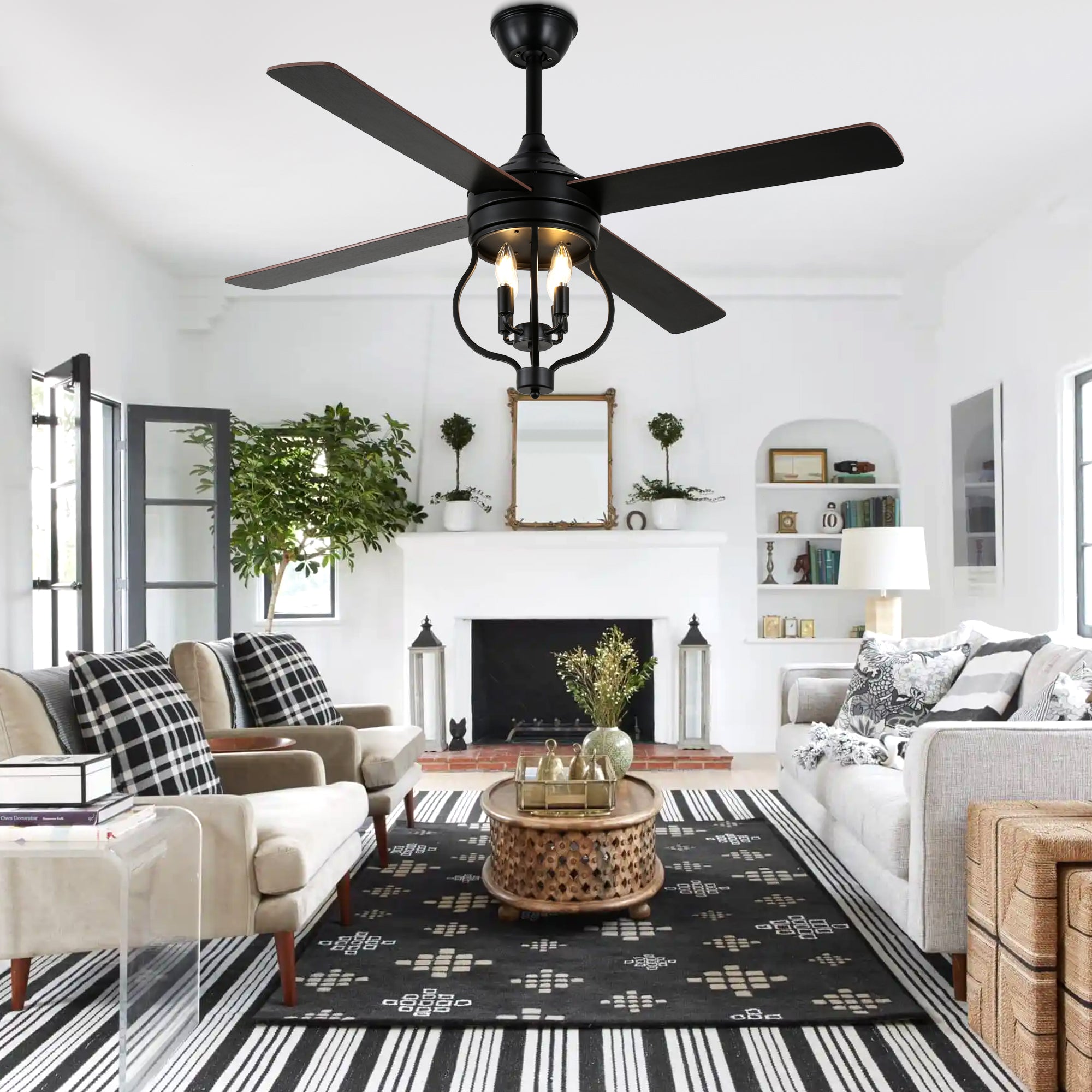 48 Inch Black Classic Ceiling Fan with Lights and Remote Control, 6 Speeds 4-Blade DC Motor Reversible Ceiling Fan for Living Room