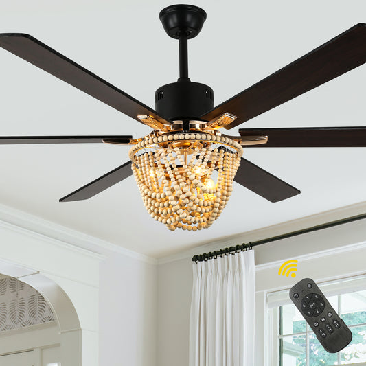 BellaDepot 65" Wood Bead Cottage Large Size Ceiling Fan with Remote Control, Silent Motor 6 Speeds Straight Leaf Fan with 3 Lights - DC6508