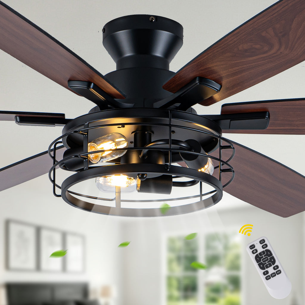 Farmhouse 60 Inch Flush Mount Ceiling Fan with Light Reversible Quiet DC Motor 6 Speed Ceiling Fan with Light Caged Timming Remote Control Ceiling Fan with Light Suit for Bedrooms, Kitchens, Living Rooms