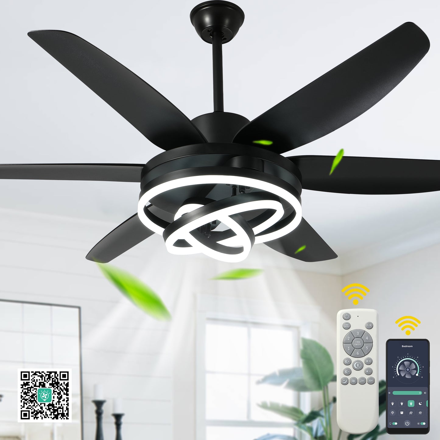 GED5614-BellaDepot 56" Modern Contemporary Black LED Ceiling Fan, 6 Speeds Ceiling Fan with Light Remote Control for All Seasons