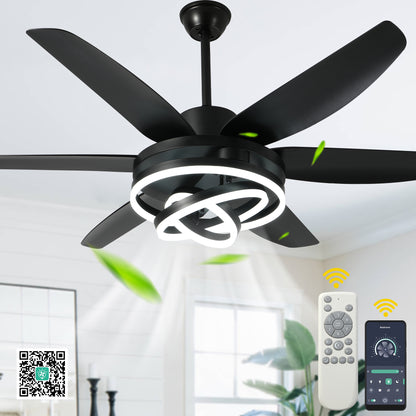 GED5614-BellaDepot 56" Modern Contemporary Black LED Ceiling Fan, 6 Speeds Ceiling Fan with Light Remote Control for All Seasons