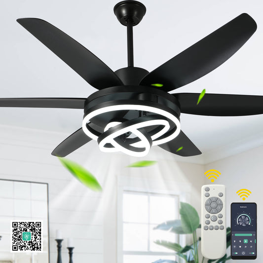 GED5614-BellaDepot 56" Modern Contemporary Black LED Ceiling Fan, 6 Speeds Ceiling Fan with Light Remote Control for All Seasons