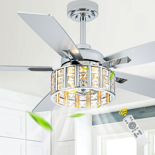 BellaDepot 52" Luxury Crystal Caged Chrome Ceiling Fan with Remote Control, 6 Speeds Ceiling Fan with Lights for Living Room- DC5229-MD