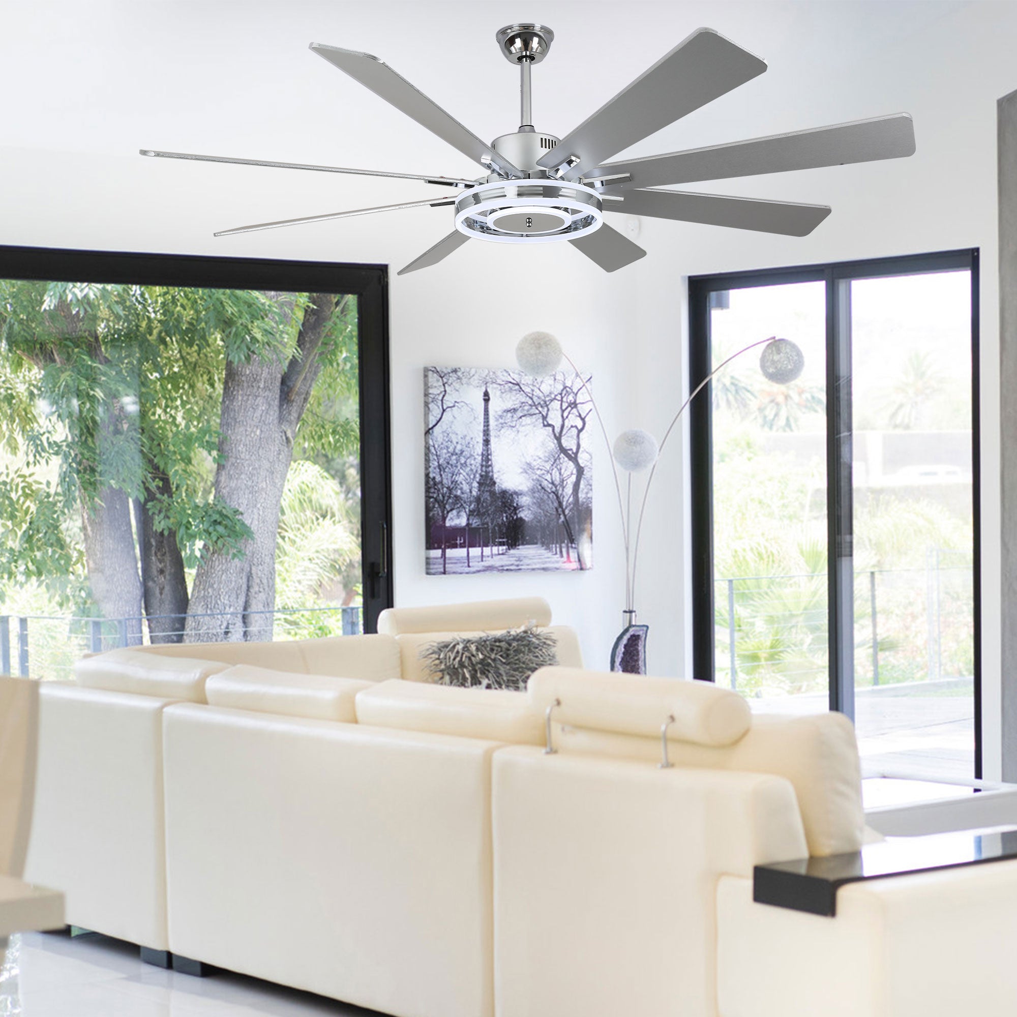 DC7202-BellaDepot 72" 8 Wooden Blades Gold/Black/Silver Finish Modern Urban Reversible Ceiling Fan with Remote and LED Light Kit Included, Large Size Dimmable Ceiling Fan