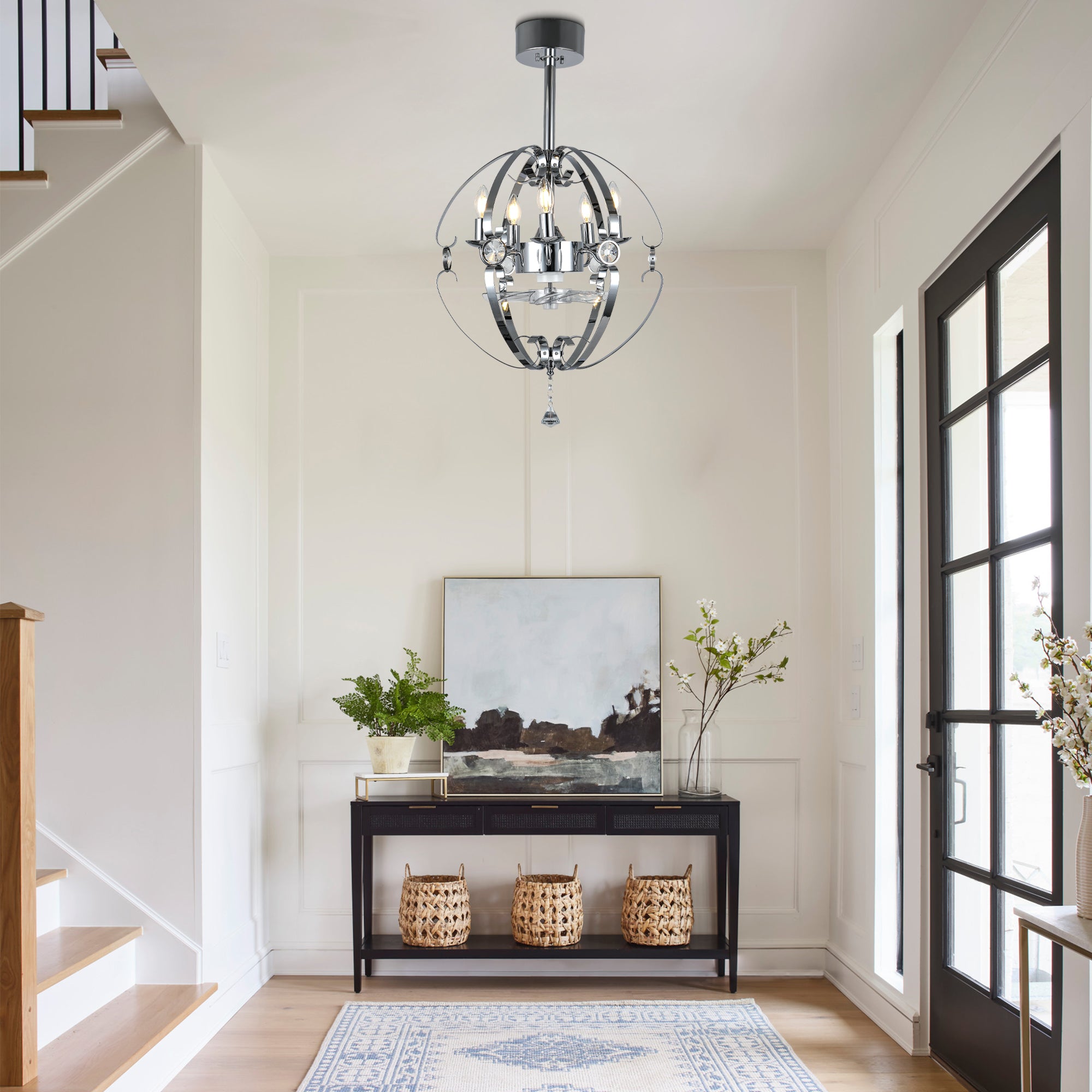 DC2031-BellaDepot 19.7" Silver Finish Luxury Crystal Reversible Ceiling Fan with Remote and 5 Lights, 6-Speed Ceiling Fan