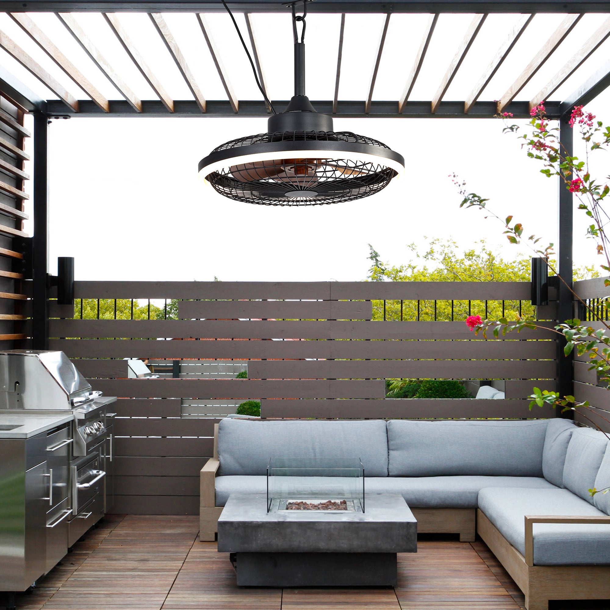 HW2001-BellaDepot 20" Compact Outdoor Caged Ceiling Fan with Remote Control, Waterproof Fan with LED Lights