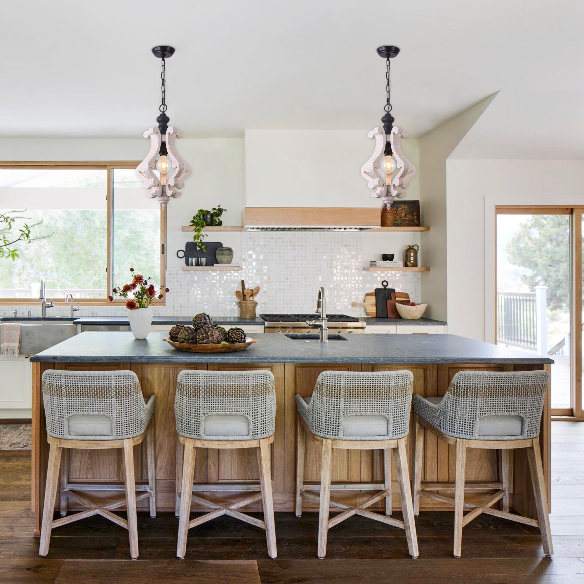 1 - Light Rustic Distressed Wood/White Chandelier, 12.6" Wooden Farmhouse Chandelier Kitchen Island Light Pendant Light