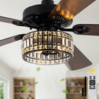 Luxury 60 Inch Crystal Caged Ceiling Fan with Light Reversible Quiet DC Motor and Remote Control Ceiling Fan Wood Blades Ceiling Fan Suit for Bedroom, Living Room, Kitchen