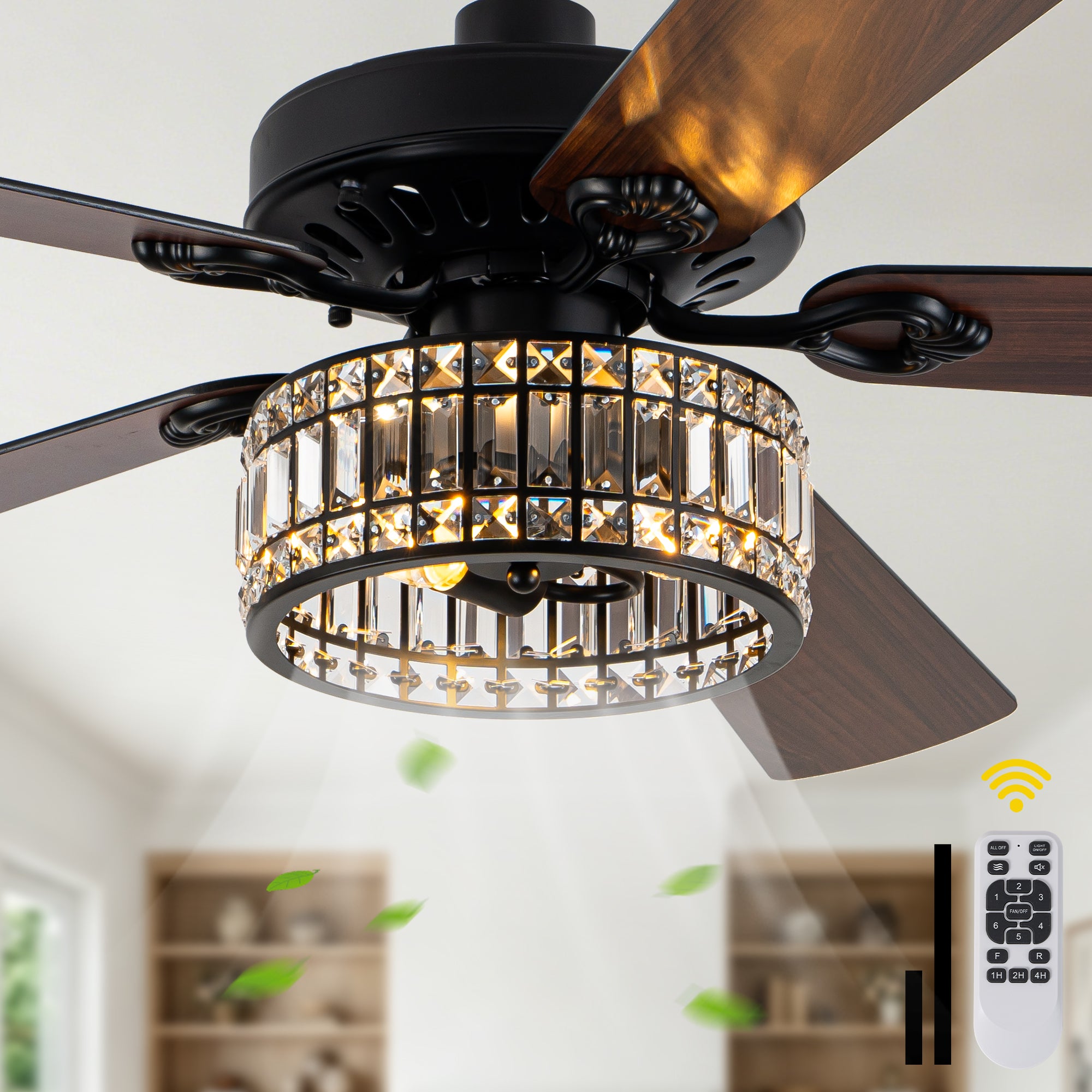 Luxury 60 Inch Crystal Caged Ceiling Fan with Light Reversible Quiet DC Motor and Remote Control Ceiling Fan Wood Blades Ceiling Fan Suit for Bedroom, Living Room, Kitchen