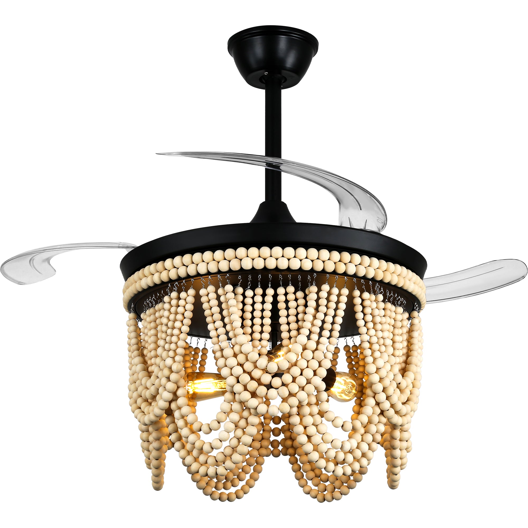42 Inch Black/Gold/White Boho Retractable Ceiling Fan with Lights and Remote, 6 Speeds DC Motor Bladeless Ceiling Fan with Wood Beaded Shade