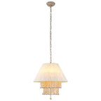3 - Lights Bohemian Drum Chandelier with Wood Beaded Shade, Fabric Chandelier for Dining Room Living Room