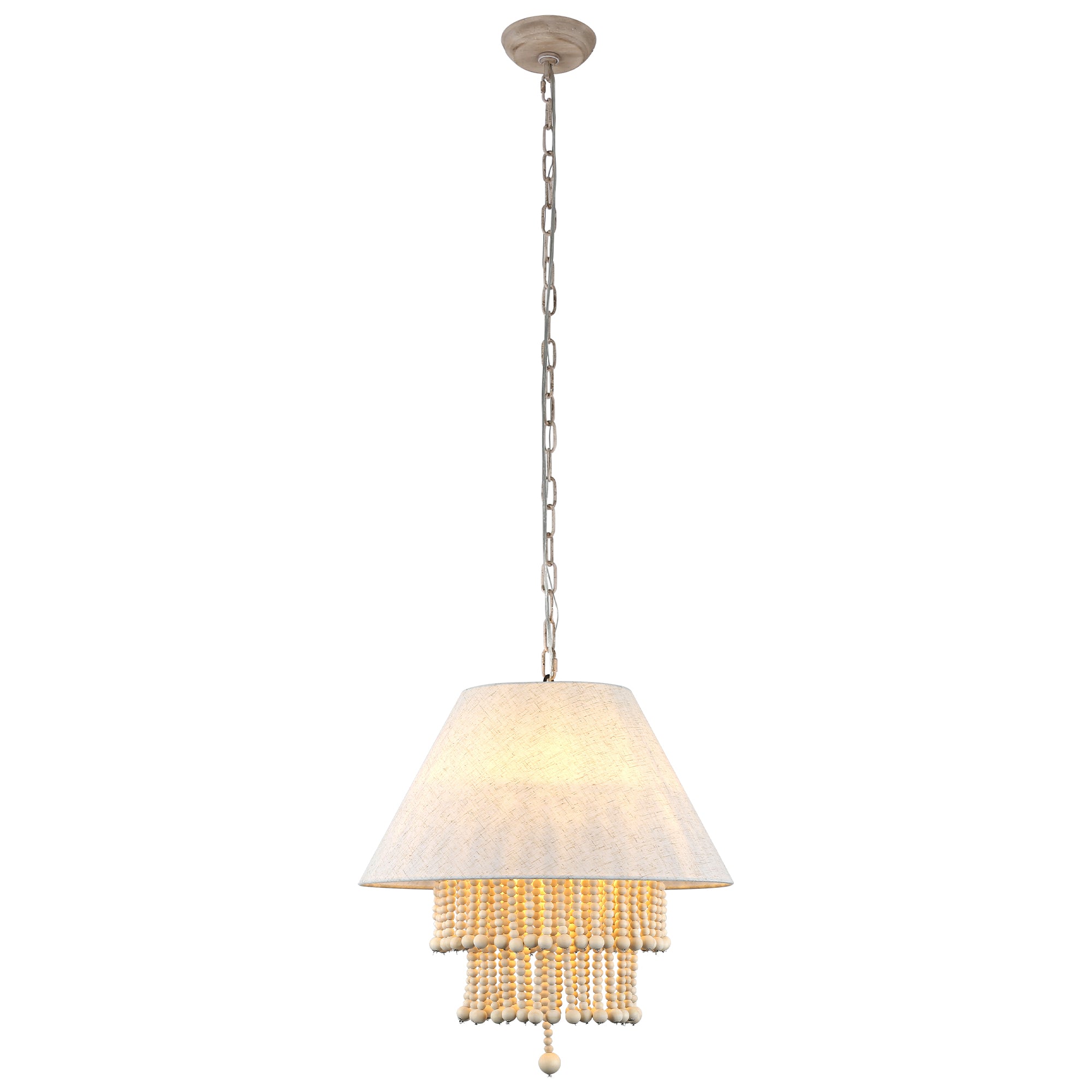3 - Lights Bohemian Drum Chandelier with Wood Beaded Shade, Fabric Chandelier for Dining Room Living Room