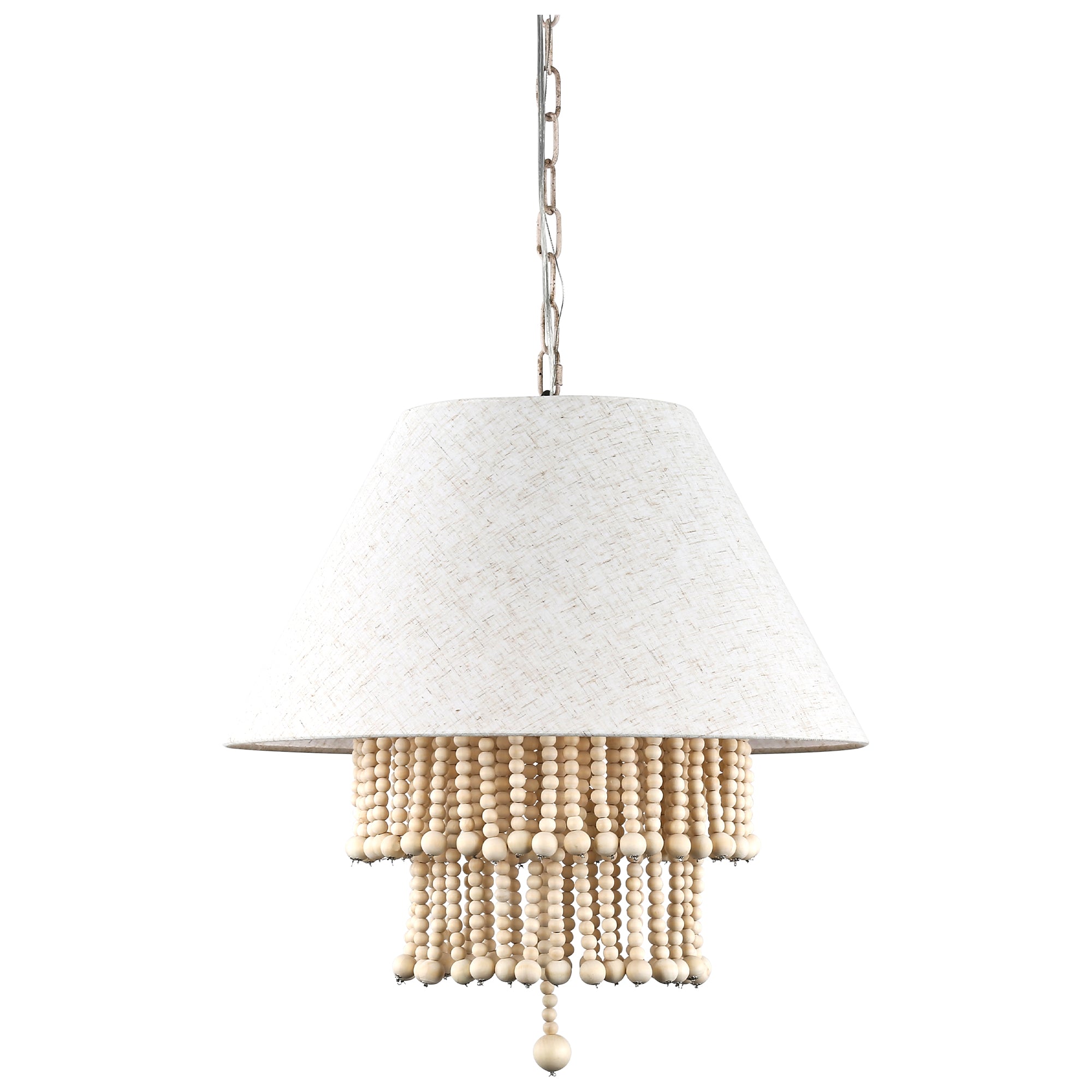 3 - Lights Bohemian Drum Chandelier with Wood Beaded Shade, Fabric Chandelier for Dining Room Living Room