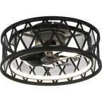 19 Inch Black Industrial Flush Mount Ceiling Fan with Dimmable LED Light, 6 Speed Reversible DC Motor, Low Profile Bladeless Ceiling Fan with Remote and APP Control