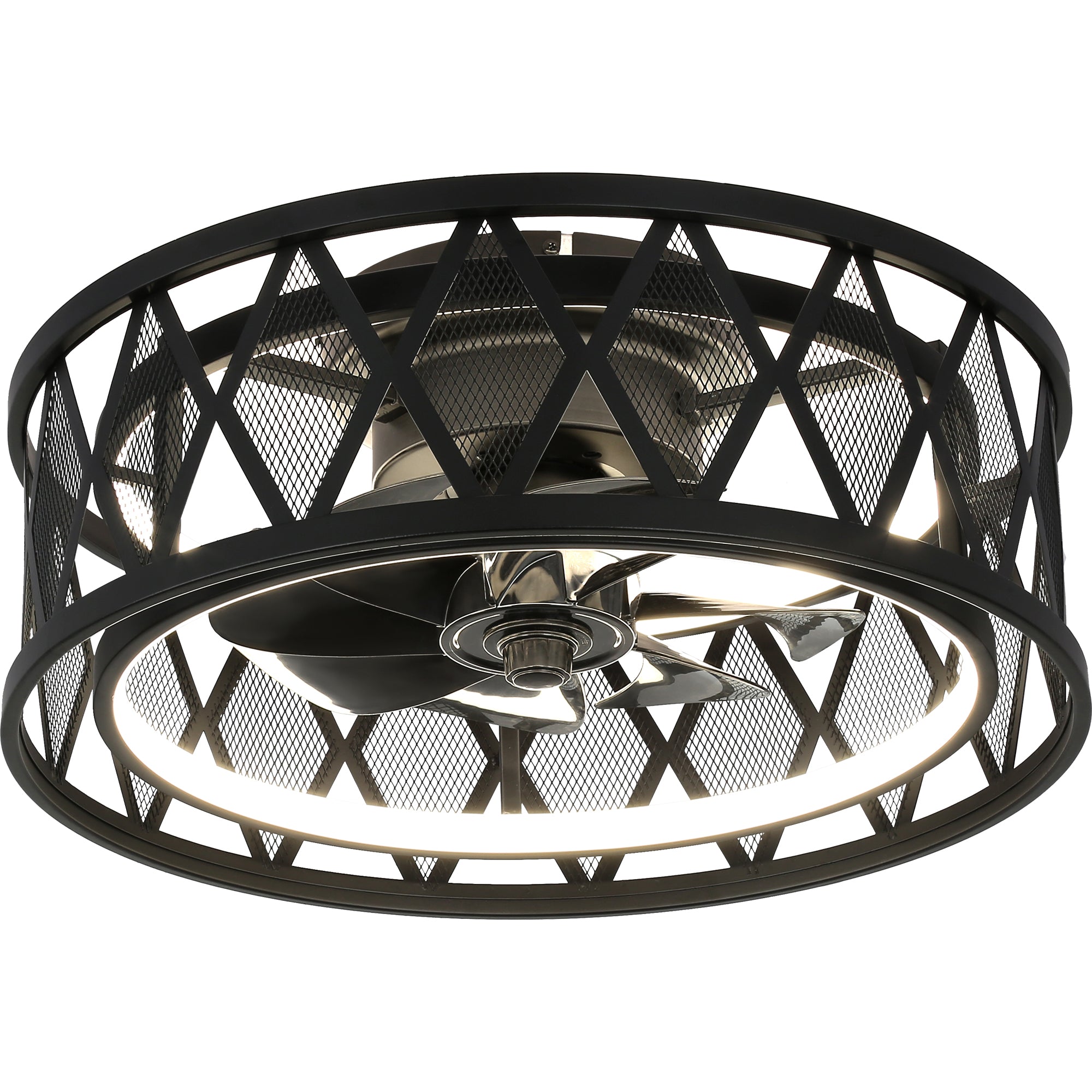 19 Inch Black Industrial Flush Mount Ceiling Fan with Dimmable LED Light, 6 Speed Reversible DC Motor, Low Profile Bladeless Ceiling Fan with Remote and APP Control