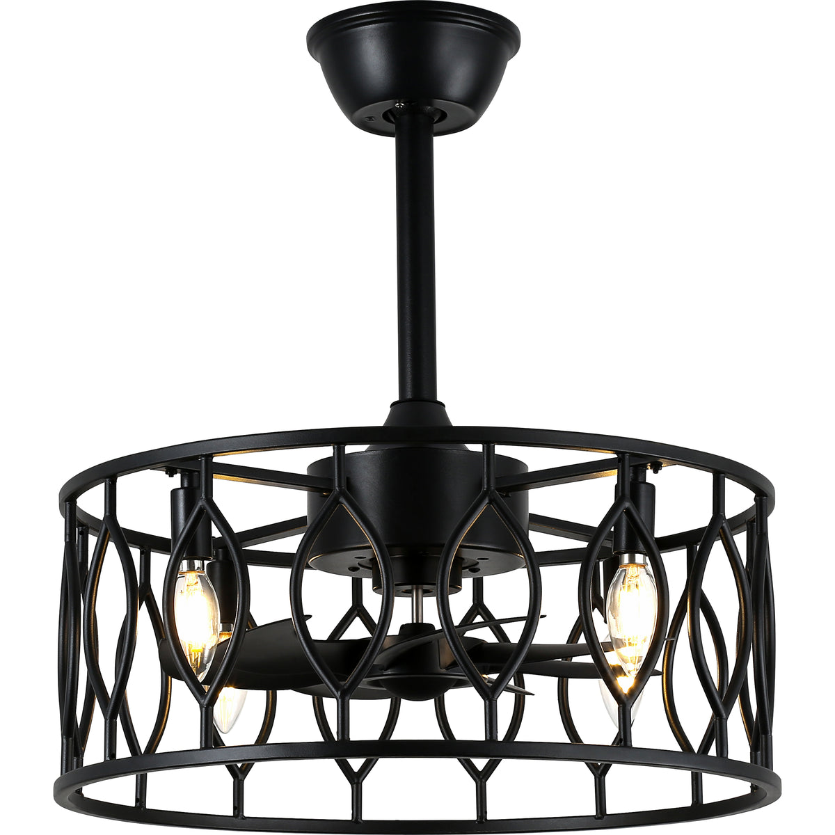 19 Inch Modern Black Caged Ceiling Fan with Lights and Remote Control, 6 Speeds DC Motor Fandelier Bladeless Ceiling Fan