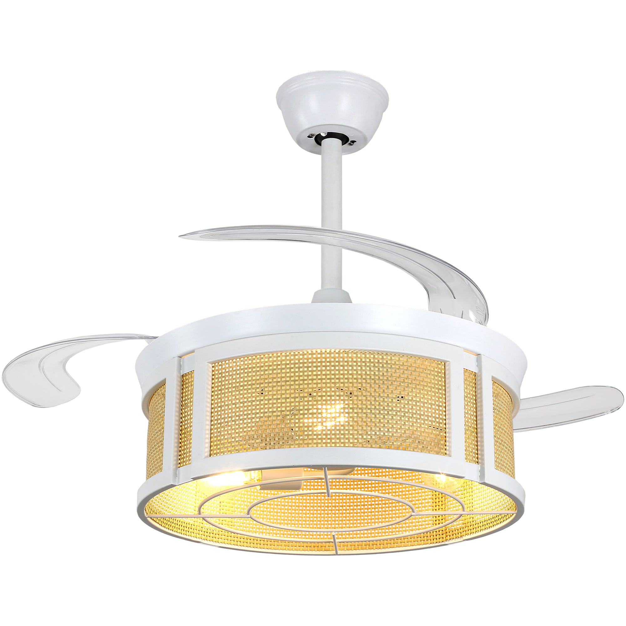 42 Inch White Rattan Retractable Ceiling Fan with Lights and Remote, 6 Speeds DC Motor Bladeless Fandelier Ceiling Fan for Bedroom
